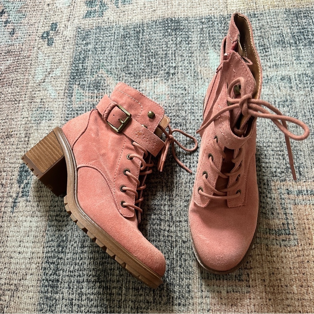 Zodiac Pink Suede Heeled Combat Boots sz 9 - Picture 3 of 5